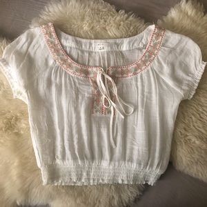 Cropped Peasant Top w/ Pink and Tan Embroidery